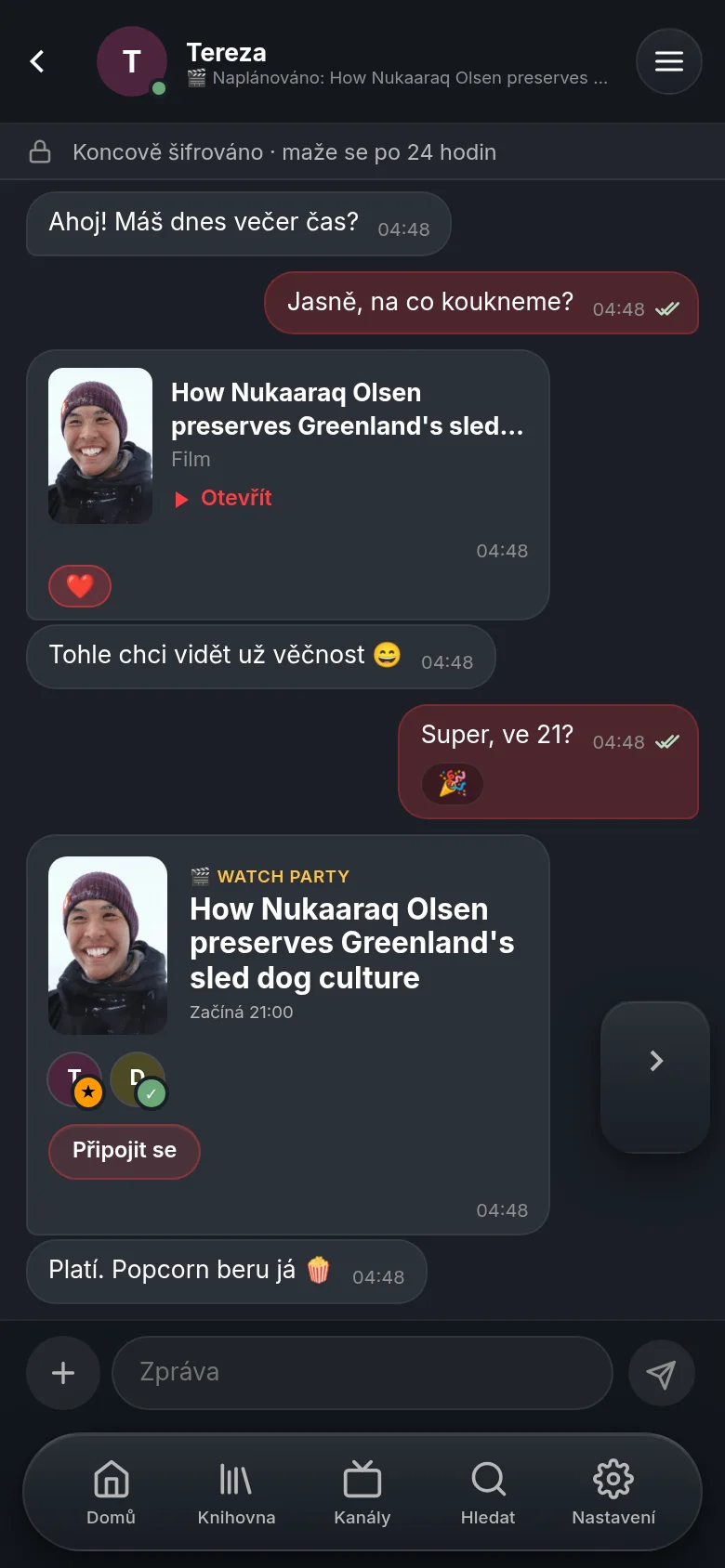 Chat s Terezou ve Vumě na telefonu: sdílený dokument DW jako karta se srdcem, karta watch party na 21:00 s tlačítkem Připojit se a řádek, že chat je šifrovaný end-to-end a po 24 hodinách zmizí.