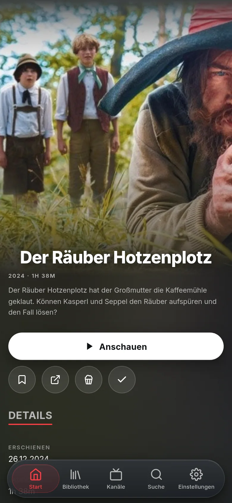 Die Seite eines Films in Vuma auf einem Handy: Der Räuber Hotzenplotz mit Beschreibung, Anschauen-Button und den Details.