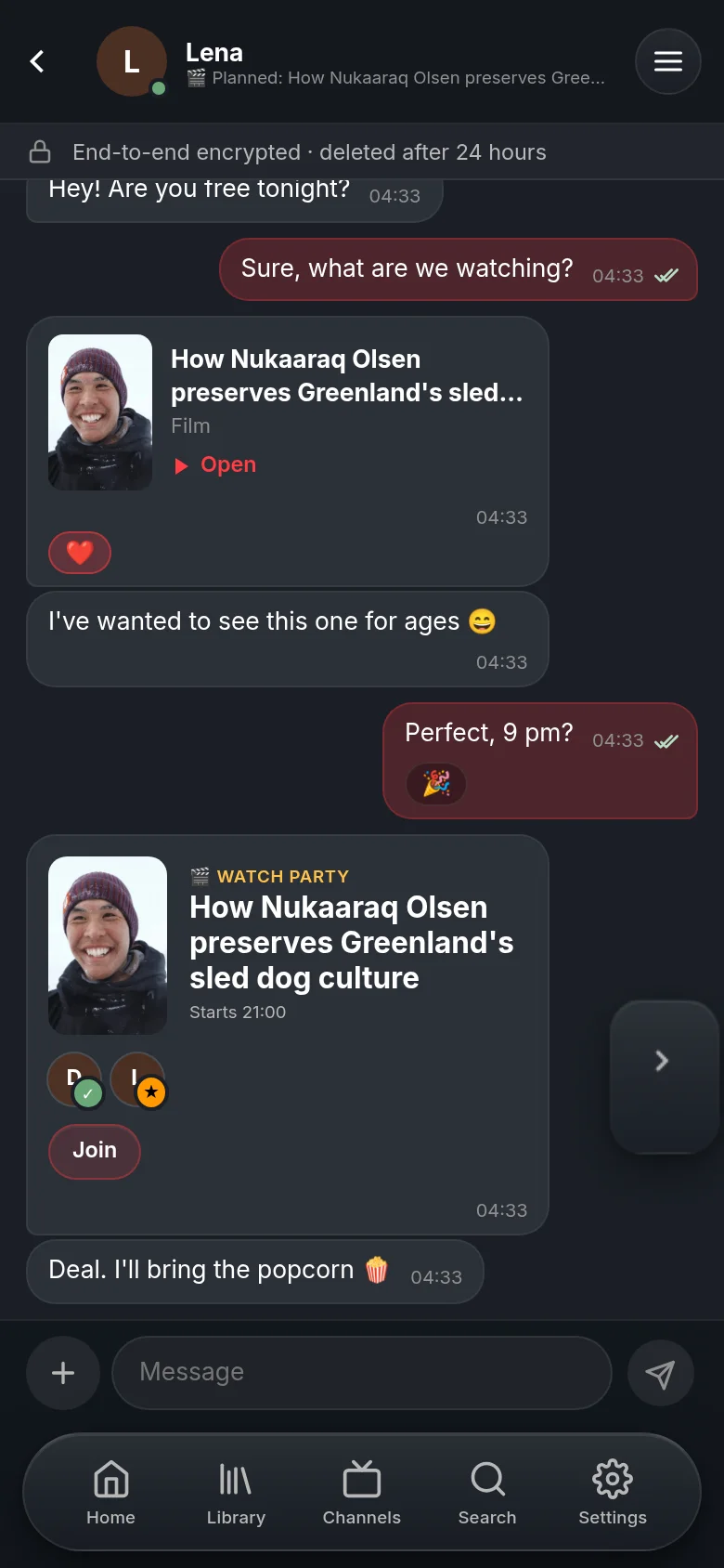 A chat with Lena in Vuma on a phone: a shared DW documentary as a card with a heart, a watch party card for 9 pm with a join button, and the line that the chat is end-to-end encrypted and deletes itself after 24 hours.