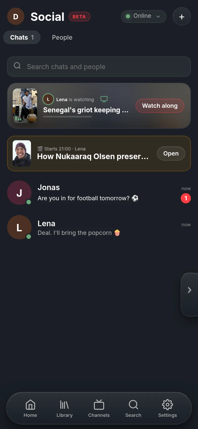 Social in Vuma on a phone: on top the line that Lena is watching a DW documentary right now, with a watch-along button, below it the planned watch party and the chats with Jonas and Lena.