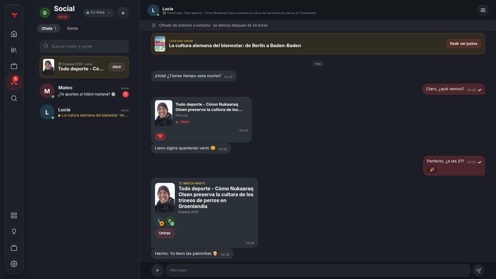 Vuma en un ordenador: la lista de chats a la izquierda, el chat con Lucía a la derecha, con un documental de DW compartido y una tarjeta de watch party para las 21 h.