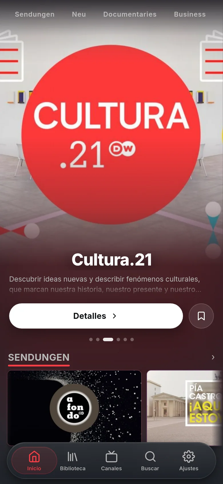 Vuma en un móvil: un documental de DW destacado con botones de Detalles y Mi lista sobre una fila de vídeos.