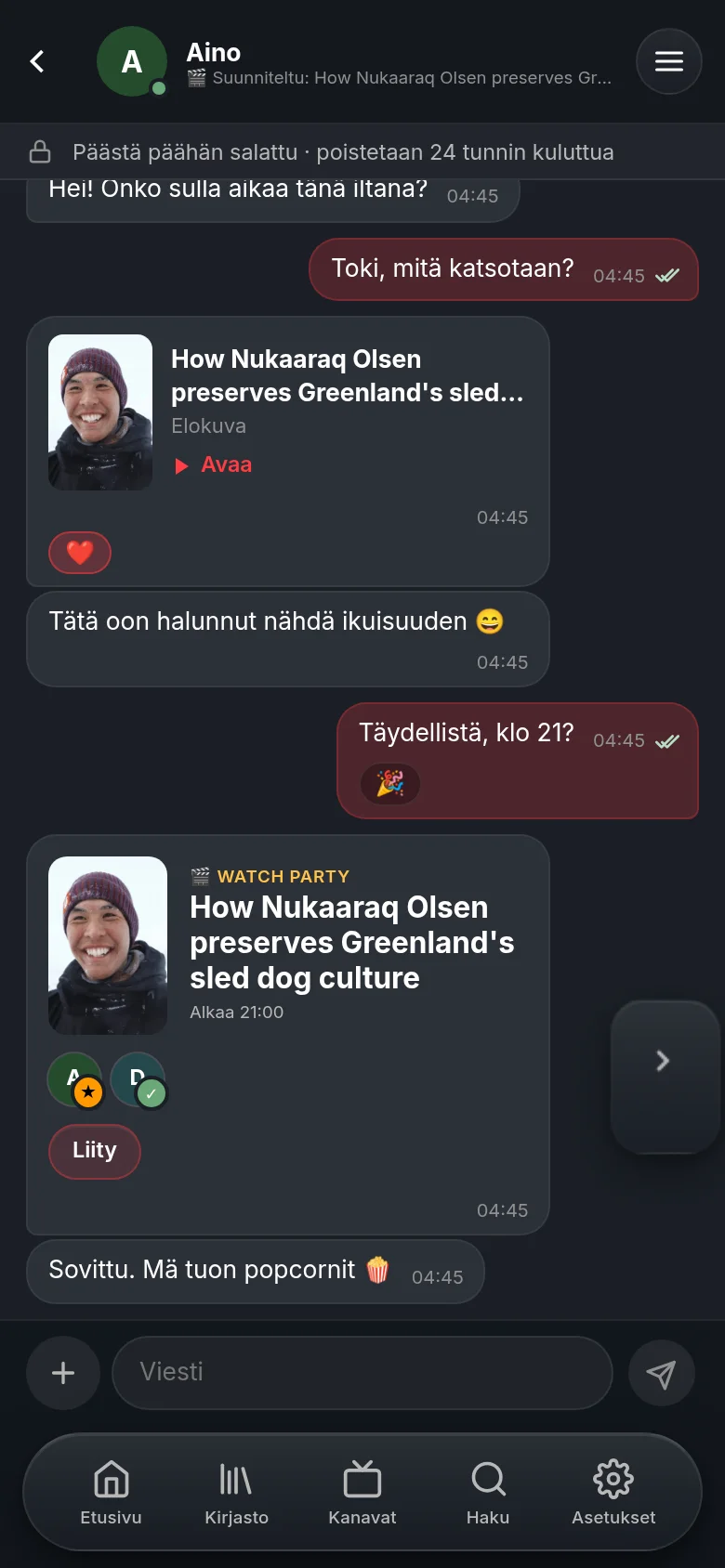 Chat Ainon kanssa Vumassa puhelimessa: jaettu DW-dokumentti korttina sydämellä, watch party -kortti klo 21 Liity-painikkeella ja rivi, jonka mukaan chat on päästä päähän salattu ja poistuu 24 tunnin kuluttua.