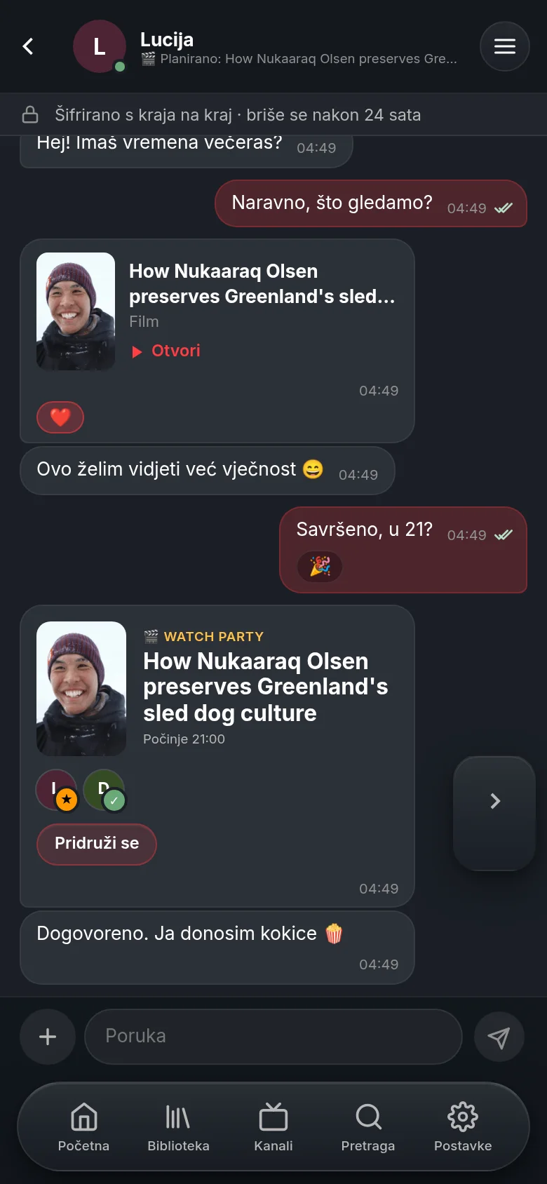 Chat s Lucijom u Vumi na mobitelu: podijeljeni dokumentarac DW-a kao kartica sa srcem, kartica watch partyja za 21 h s gumbom Pridruži se i redak da je chat end-to-end šifriran i briše se nakon 24 sata.