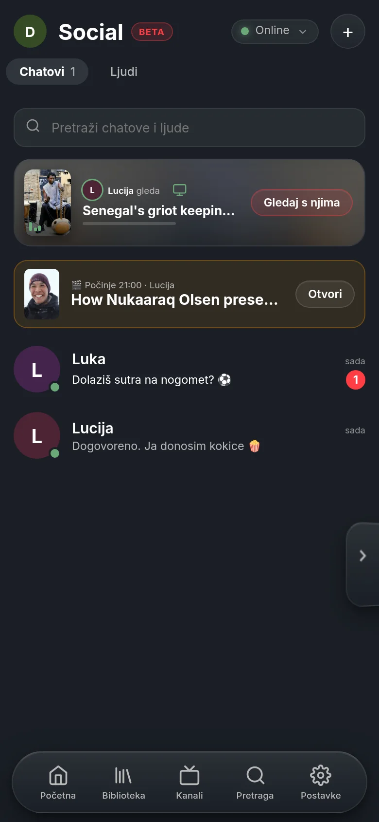 Social u Vumi na mobitelu: gore redak da Lucija upravo gleda dokumentarac DW-a, s gumbom za gledanje s njom; ispod planirani watch party i chatovi s Lukom i Lucijom.