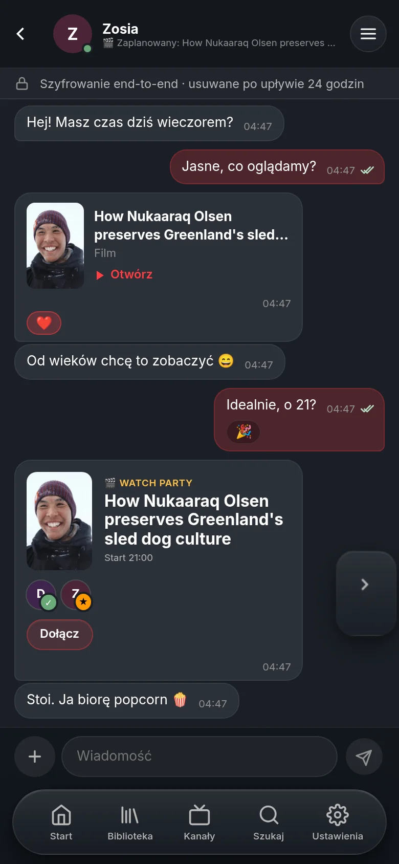 Czat z Zosią w Vumie na telefonie: udostępniony dokument DW jako karta z sercem, karta watch party na 21:00 z przyciskiem Dołącz i linia, że czat jest szyfrowany end-to-end i znika po 24 godzinach.