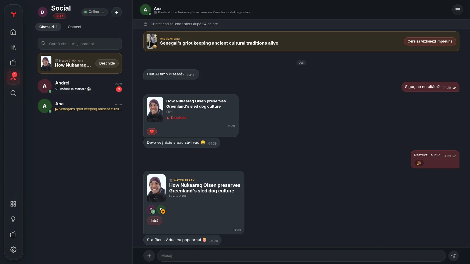 Vuma pe un computer: lista de chaturi în stânga, chatul cu Ana în dreapta, cu un documentar DW trimis și un card de watch party pentru ora 21.