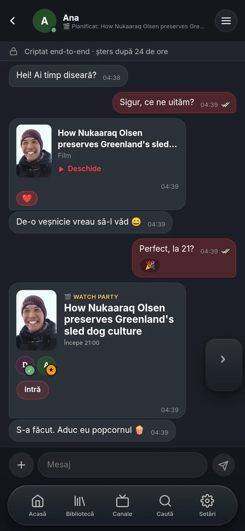 Un chat cu Ana în Vuma pe un telefon: un documentar DW trimis ca un card cu o inimă, un card de watch party pentru ora 21 cu butonul Participă, și rândul care spune că chatul e criptat end-to-end și se șterge după 24 de ore.