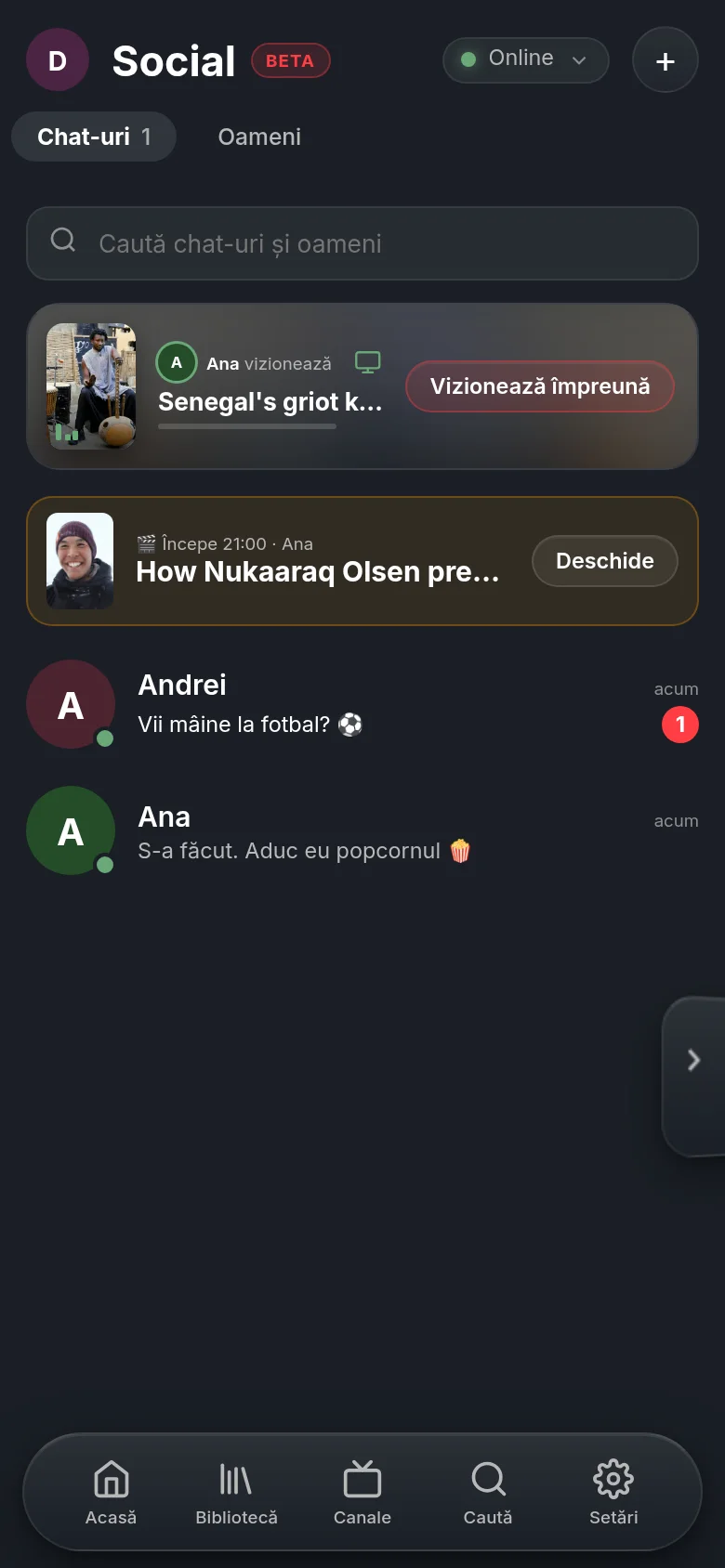 Social în Vuma pe un telefon: sus rândul care spune că Ana se uită la un documentar DW, cu un buton pentru a te uita cu ea; dedesubt watch party-ul planificat și chaturile cu Andrei și Ana.