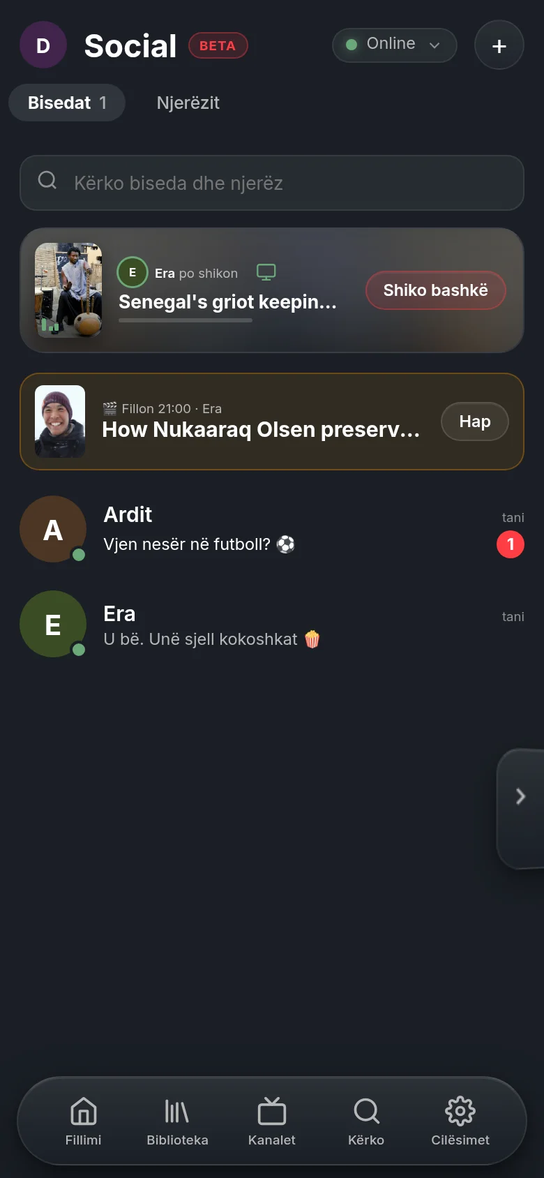 Social në Vuma në telefon: lart rreshti që Era po shikon tani një dokumentar të DW, me një buton për të shikuar bashkë; poshtë watch party-ja e planifikuar dhe bisedat me Arditin dhe Erën.