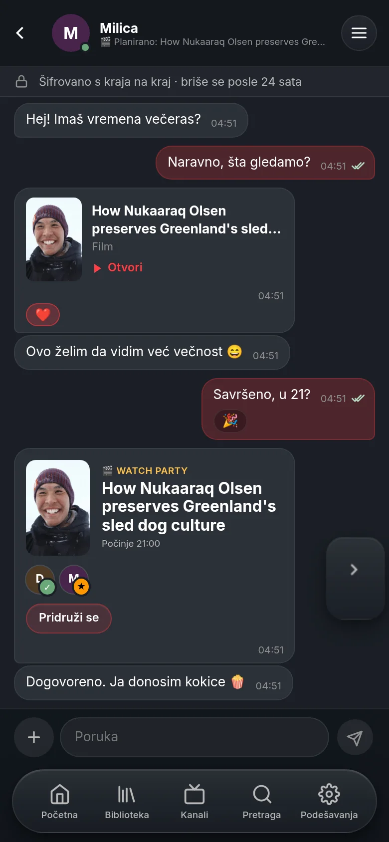 Čet sa Milicom u Vumi na telefonu: podeljeni dokumentarac DW-a kao kartica sa srcem, kartica watch partyja za 21 h sa dugmetom Pridruži se i red da je čet end-to-end šifrovan i briše se posle 24 sata.