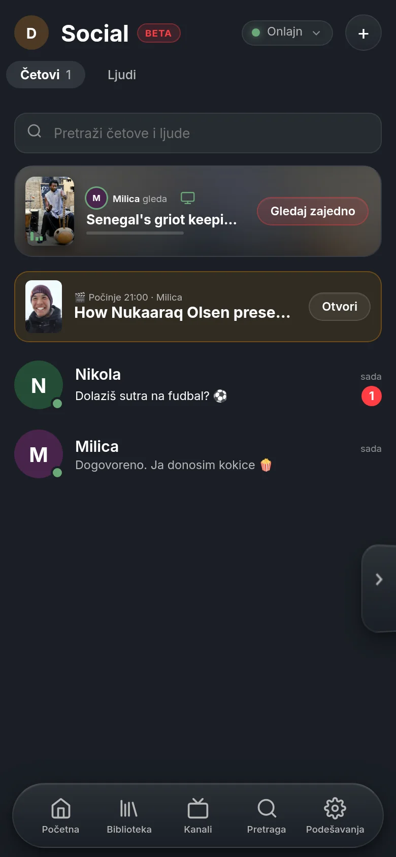 Social u Vumi na telefonu: gore red da Milica upravo gleda dokumentarac DW-a, sa dugmetom za gledanje sa njom; ispod planirani watch party i četovi sa Nikolom i Milicom.