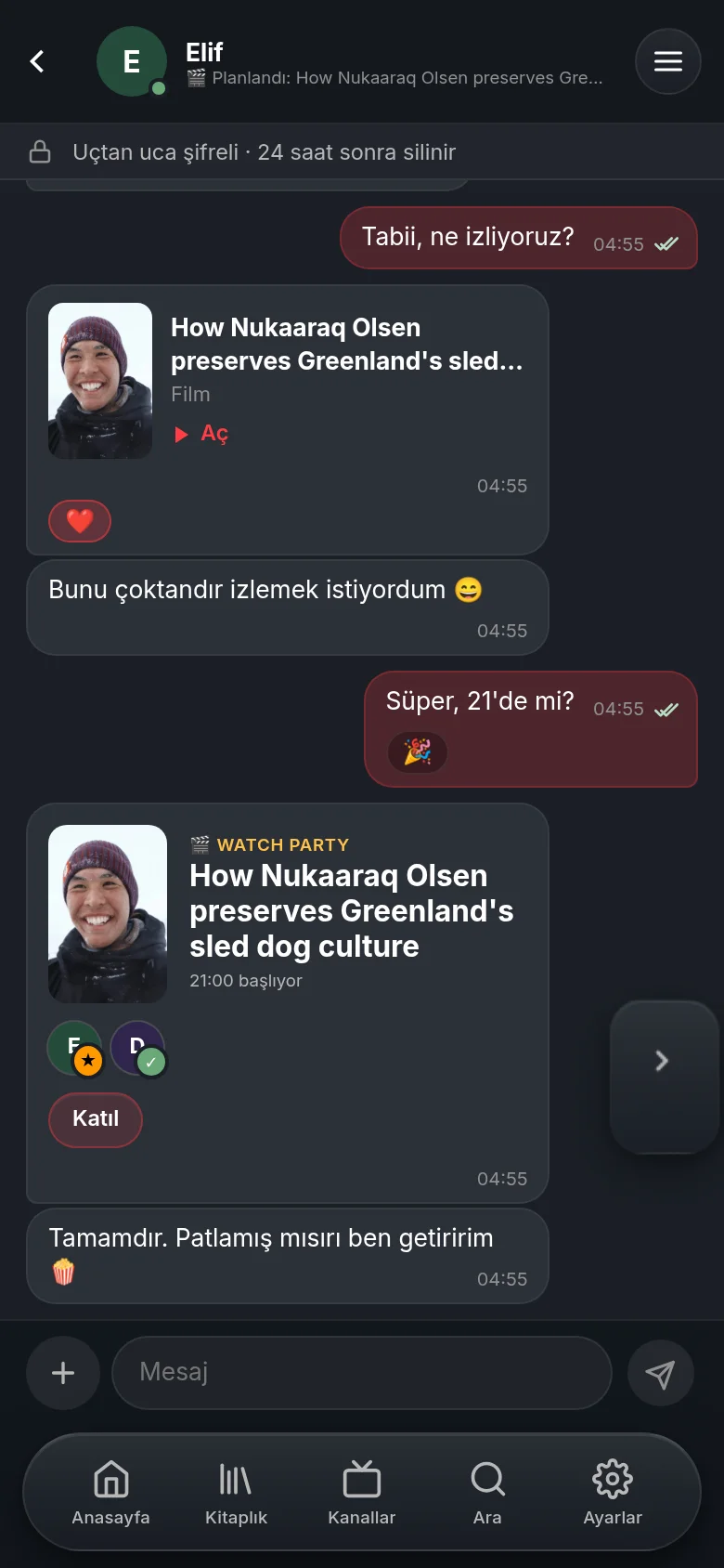 Telefonda Vuma'da Elif ile bir sohbet: kalp konmuş kart olarak paylaşılan bir DW belgeseli, Katıl düğmeli 21:00 için bir watch party kartı ve sohbetin uçtan uca şifreli olduğunu ve 24 saat sonra silindiğini söyleyen satır.