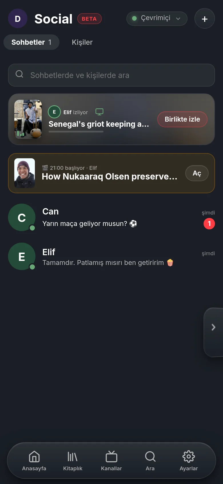 Telefonda Vuma'da Social: üstte Elif'in şu an bir DW belgeseli izlediğini söyleyen satır, birlikte izlemek için bir düğmeyle; altında planlanan watch party ve Can ile Elif'in sohbetleri.